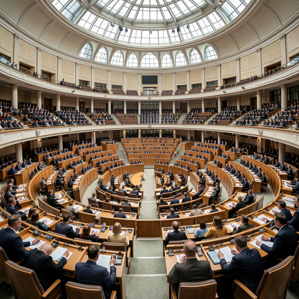 Европски парламент у Бриселу — пленарна сала са заступницима на сједници, панорама из ваздуха