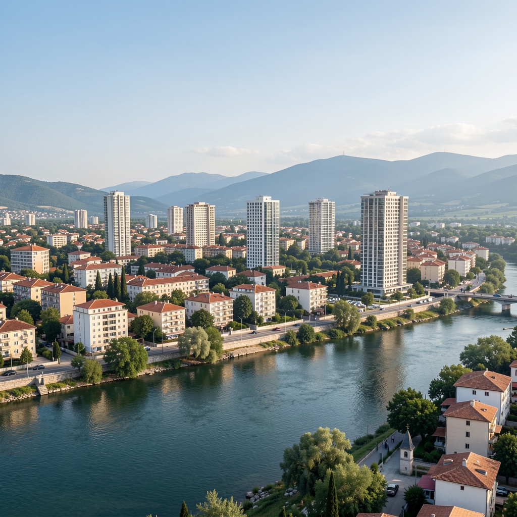 Подгорица панорама — поглед на главни град Црне Горе са Горицом у позадини, модерни небодери и историјски центар узријеку Мораче